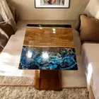 30" Square Ocean Wave Epoxy Resin Coffee Table Live Edge Wooden Console Bar Deco