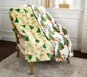 Kringle Express Set of 2 Holiday Printed Throws Trees Santa