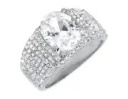 White Gold Finish Simulated Diamond Oval Solitaire Wide Engagement Wedding Ring