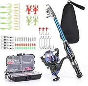 Fishing Rod Reel Combo Full Kit 1.5m Telescopic Fishing Rod Spinning Reel Set with Hooks Soft Lures Barrel Swivels Storage Bag