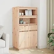 Highboard, Solid Pine Wood Storage Cabinet, Sideboard with 2 Open Shelves, 2 Drawers, 4 Compartments for Hallway
