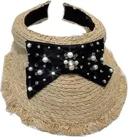 [HAMKVBPR] Women Visor Hat Outing Shade Pearl Bow Hollow Top Raffia Grass Sun Hat Summer Outdoor