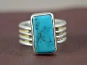 Blue Turquoise Rectangle Stone from Arizona with 925 Sterling Silver Ring Size