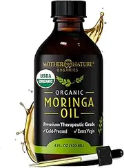 Mother Nature USDA Organic Moringa Seed Oil, 100% Pure, Cold-Pressed, Unrefined Oil for Face, Skin Care & Hair Growth, Aceite de Moringa para la Cara, Anti-Aging. Non-GMO & Gluten Free (4 Oz)