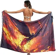 [XYMZR] Women's Sarong Swimsuit Coverups Fly Phoenix Fire Chiffon Bikini Wraps Skirt with Tassels L