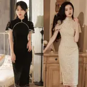 Lace Cheongsam Dress Slim Fit Mid Length Retro Chinese Qipao Gown ForWomen Party