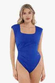 Popilush Shapewear Square Neck Padded Shoulder Slimming Bodysuit in Sapphire Blue at Nordstrom, Size Small