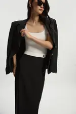 Twill Contrast Hardware Woven Midi Skirt