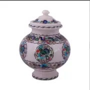 10" White Marble Flower Vase matka Pot with lid Inlay peacock Art & Collectible
