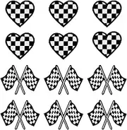 12pcs Racing Patches, Checkered Racing Flag Patches Classic Black White Racing Flag & Heart Iron On Patches Embroidered Patches Appliques for Clothes Jeans Hats Backpacks