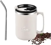 15 OZ Coffee Mug with Handle,Double Wall Vacuum Travel Mug,Coffee Mug with Flip lid and Straw,Reusable Stainless Steel Mug,for Home,Office,Travel,Camping,Outdoor(White)