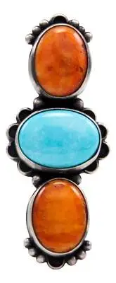 Navajo Native American Orange Shell and Turquoise Ring Size 7 by Kevin Willie SK