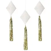 ! White Tissue Paper Honeycomb Diamonds with Gold Tassels, 3Ct