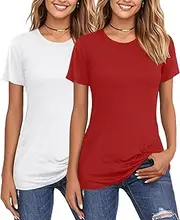 [TAKEYAL] Women's Short Sleeve T Shirts 2 Pack Crew Neck Summer Solid Basic Tee Tops Casual Trendy Loose Fit Shirts, White Red, XXL