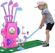 QDRAGON Mini Golf Toy Set for Children, 4 Golf Clubs, 8 Balls, 2 Holes, 2 Bases, 2 Flags, 1 Putting Mat, Ages 3-6, Pink