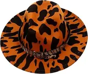 [SAFIGLE] Jazz Top Hat Wide Cap Leopard Print Wool Hat Leopard Sun Hat Flat Brim Jazz Hat Panama Hat Flat Brim Hats Flat Caps Hats for Men Cow Print Hat Performance Hat Woolen Red