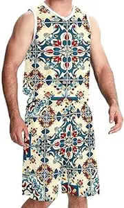[FNETJXF] Basketball Jersey and Shorts, Basketball Jersey for Women, Hip hop Clothing for Party, Moroccan Pattern Patchwork Vintage Art