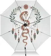 [PDZRMY] Snake Boho Feather UV Protection Travel Umbrella Compact for Rain and Sun - Auto Open and Close UPF 50+ Windproof Portable 46” Sun Umbrella for Women and Men