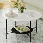 2 Tier Round Coffee Side Table Accent Stone Marble Center Table Cocktail Tables