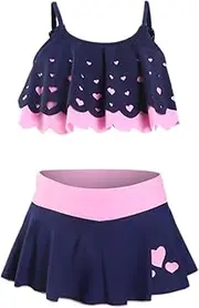 [BIKMAN] Kids Girl's Split Love Heart Printed Swimsuit 2-Pieces Bikini Sets, Dark Purple, 3X-Large