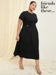 Friends Like These Black Curve Tab Detail Short Sleeve Midi Tailored Dress (F35126) | $104
