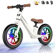 wonzeal Kids Balance Bike with Colorful Lighting for Ages 3-5, Toddler Balance Bikes with Adjustable Seat and Knee/Wrist/Elbow Pads, Boy Girls Birthday Toys.