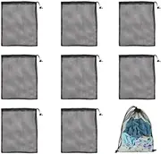 8 Pcs Nylon Mesh Drawstring Bags with Cord Lock Closure, Large Black Mesh Bag for Golf Tennis Balls,Beach,Shower,Gym,Swimming(30 x 40 cm)