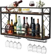 Wall Mounted 2 Tier Wine Rack with Glass Holder, Double Layer Anti-Drop Crossbar