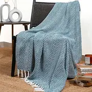 RAJRANG Primitive Rustic Throw Blanket with Decorative Tassel - 100% Cotton Teal Blue Throws Geometric Woven Soft Patio Comfy Blankets 50 x 60 inches
