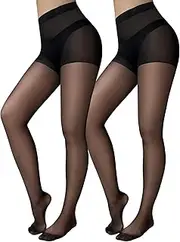 [Jamieya] 2 Pairs Black Sheer Tights for Women, 20D Control Top Pantyhose Stockings Tummy Control Under Dress