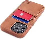 Dockem Genuine Leather Card Case for iPhone 13 Pro with Built-in Metal Plate for Magnetic Mounting, Stitched-on Wallet with 2 Credit Card Holders, 6.1" Pro M2GL [Light Brown]