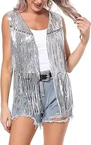 [FEOYA] Cowboy Waistcoat Women Sequin Fringe Vests for Party Rave Hippie 70s Cardigans Cowgirl
