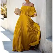 A-Line Summer Maxi Dresses for Women Elegant Dress Beach Wedding Party Wear Wedding Party Floor Length Half Sleeve Off Shoulder Chiffon with Pleats Ruffles dr