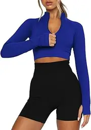 [LEEDYA] Women's Long Sleeve Workout Shirts Half Zip Pullover Sweatshirt Cropped Ribbed Yoga Running Athletic Tops
