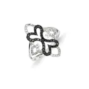 14k White Gold Black and White Diamond Fancy Heart Ring