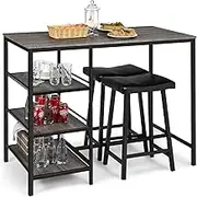 Giantex 3-Piece Dining Table Set, Counter Height Table Set w/2 Bar Stools, Modern Industrial Bar Table Set w/3 Tier Storage Shelves, Iron Frame, Soft Cushion, Perfect for Home, Kitchen, Dining Room