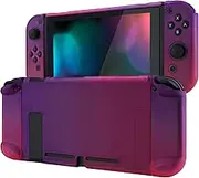 eXtremeRate PlayVital Back Cover for Nintendo Switch Console, Handheld Controller Protector Hard Shell for Joycon, Dockable Protective Case with Button Caps Sticker - Clear Atomic Purple Rose Red