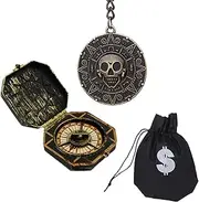 Scinzene Pirate Jewellery Set, Toy Compass and Aztec Coins, Pirate Chain, Pirate Accessories for Carnival, Costumes and Decoration Set of 3, 1, 1, 1
