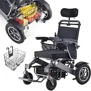 2025 Electric Wheelchair, 20KM Range, 600W Motors, 6KM/H Speed, Lightweight 24V Lithium Battery, Foldable with Anti-Tip Wheels and Rear Storage (BLACK with Headrest &Basket)