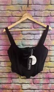 Boohoo Black Velvet Corset Short Cropped Top Brand New With Tags Size 14 Uk