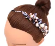 Wavy Headband Pearl Crystal Bead Floral Printed Chiffon Headband Hair Band