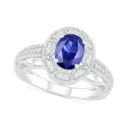 Oval Lab-Created Blue and White Sapphire Frame Scallop Border Shank Antique Vintage-Style Ring in Sterling Silver