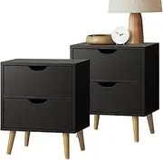 OIKITURE 2 Piece Bedside Table with 2 Drawers - Wooden Nightstand Cabinet with Storage, Modern End Table Bedside Table Furniture for Bedroom Living Room Garden Balcony, Black