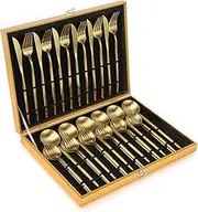 [OGORI] 30 Pieces Matte Gold Silverware Set, Stainless Steel Flatware Cutlery Set Service for 6, Dishwasher Safe - Wooden Box