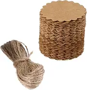 Angoily 100pcs Brown Round Scalloped Kraft Paper Tags Craft Labels for DIY Projects Luggage Tags with Jute Twine for Weddings and Parties