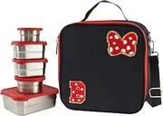 Personalized Initial Letters Lunch Bag With Bento Box, 5 Pcs Stainless Steels Bento Boxs, Thermo Leak-Proof Lunchs Food Container For Kid Toddler Girls Boys To School Picnic (Black, B)