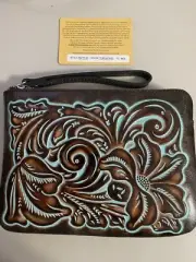 PATRICIA NASH~CASSINI~Leather Wristlet Turquoise TOOLED ~Style P87113~REAR FIND