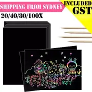 20-100X Scratch Paper Creative Art Rainbow Paper Sketch Book+Bamboo Pen Craft AU