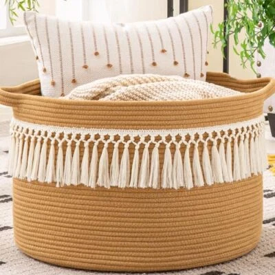 Large Blanket Basket (20"x13"),Woven Baskets for storage Baby Brown Fringe