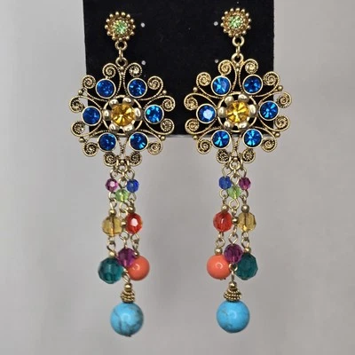 Nordstrom Sequin Earrings Gold Tone Multicolor Bead Dangle Post Earrings NWT#141